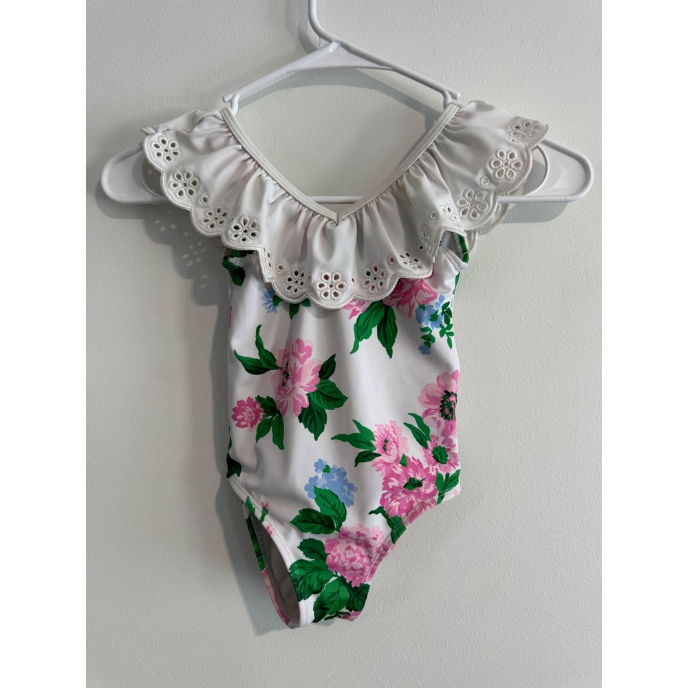 Janie and Jack Floral‎ Eyelet Ruffle Swimsuit Girls 3 White Pink Hydrangea